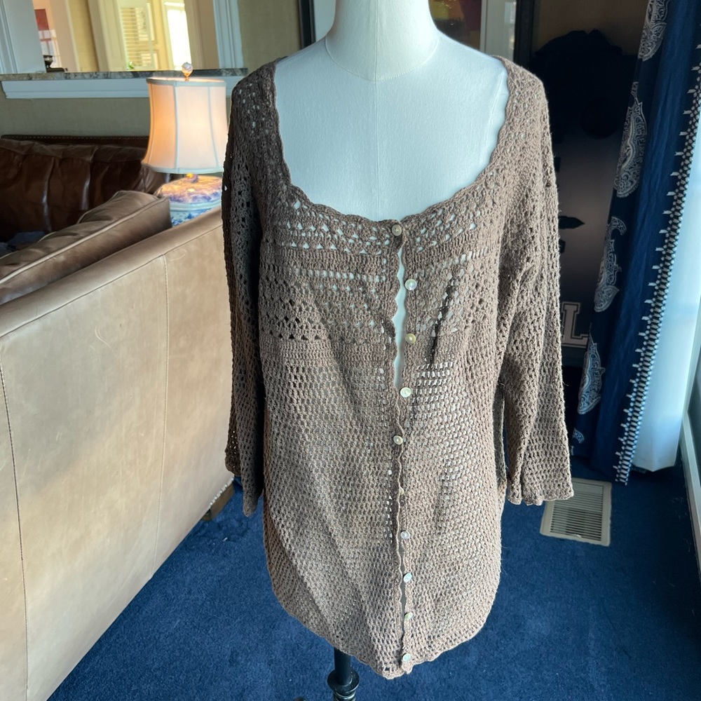 NWT Eddie Bauer hand crocheted brown cardigan. 3/4 length sleeves. Size 2X